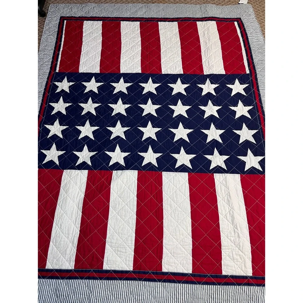 VTG Tommy Hilfiger American Flag Quilt Reversible Star Stripe Twin/Full Sz 68x88